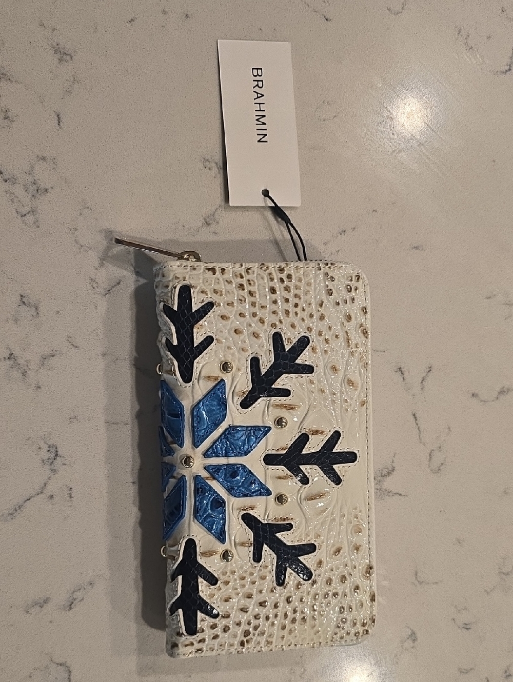 Brahmin White Croc-Embossed Zip Wallet with Blue and Black Snowflake